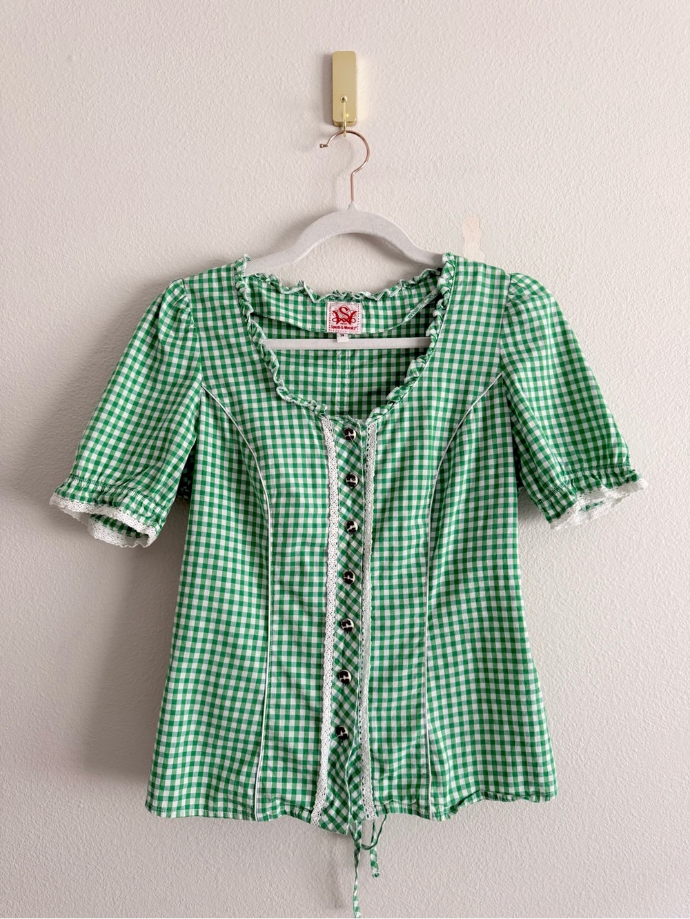 Spieth & Wensky green gingham lace up back top Milk Maid Blouse Sz 38/6/M